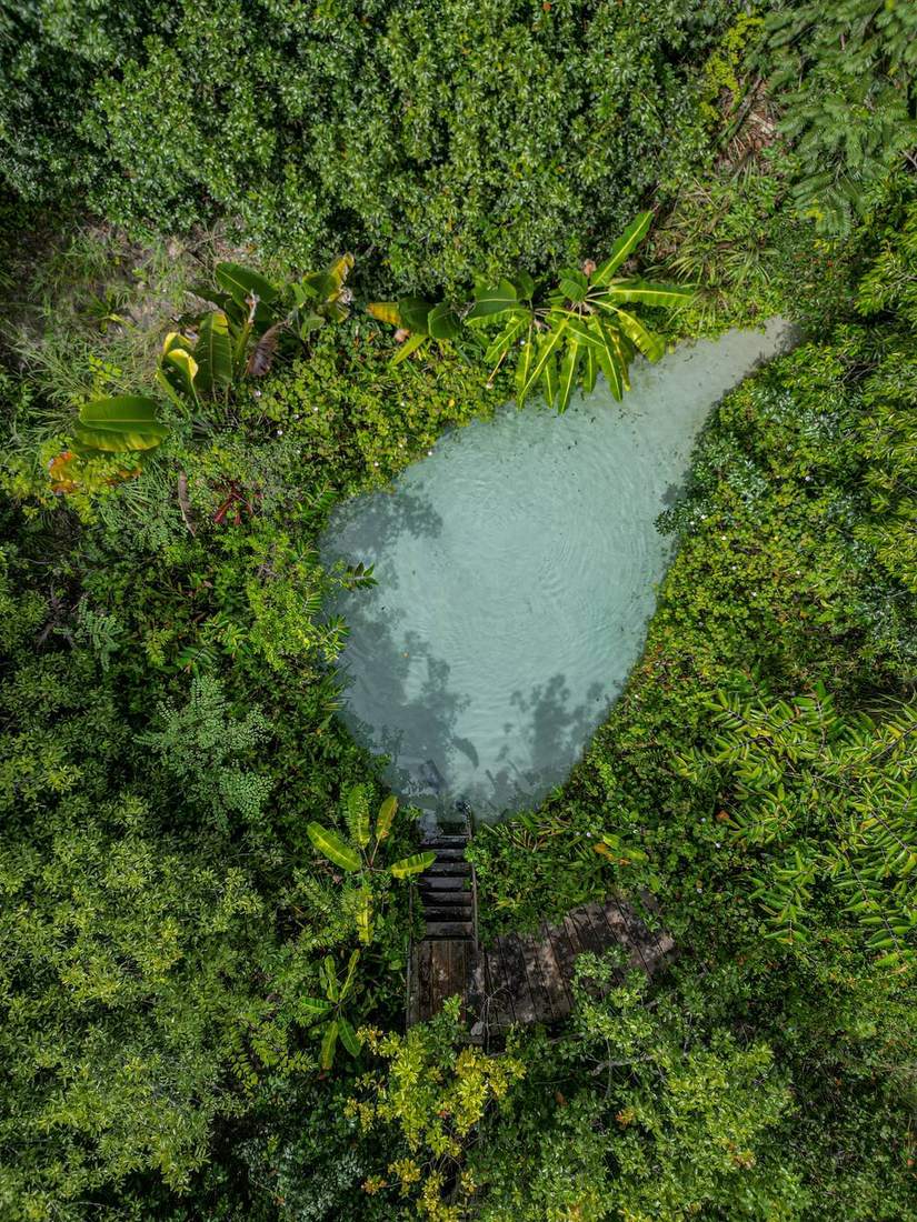 Fervedouro em formato de gota visto de cima, cercado de mata